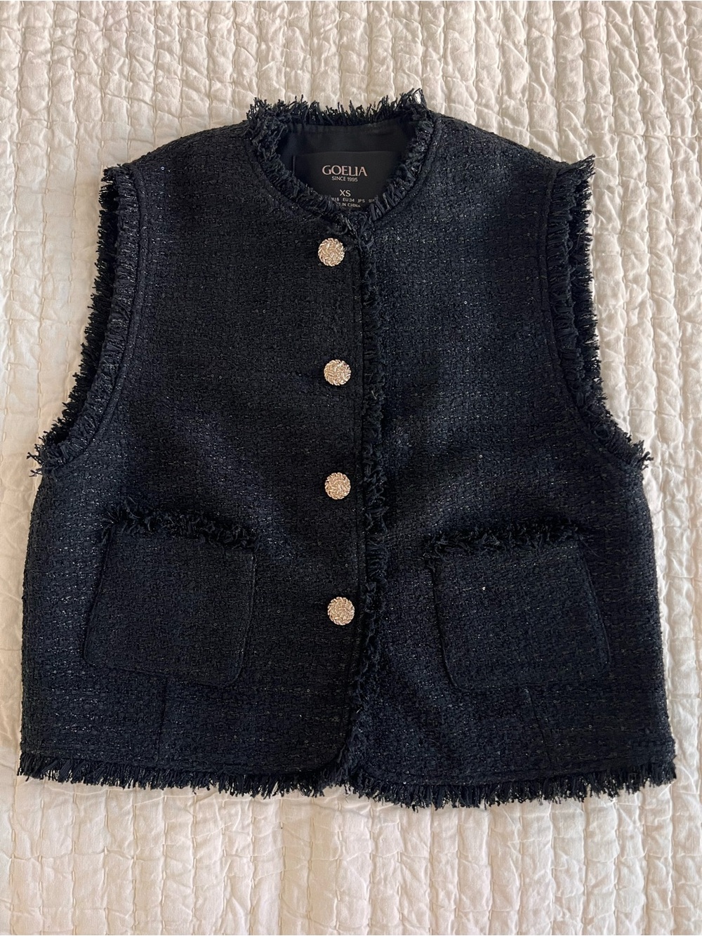 GOELIA SINCE 1995 Black Tweed Fringe Vest with Stunning Silver Buttons
